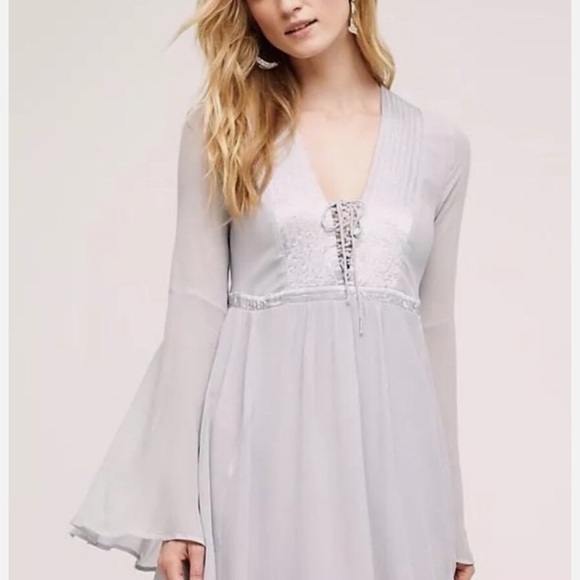 Anthropologie Ghost London Belled Gray Blue Peasant Boho Dress Tie Button Small - Picture 4 of 10